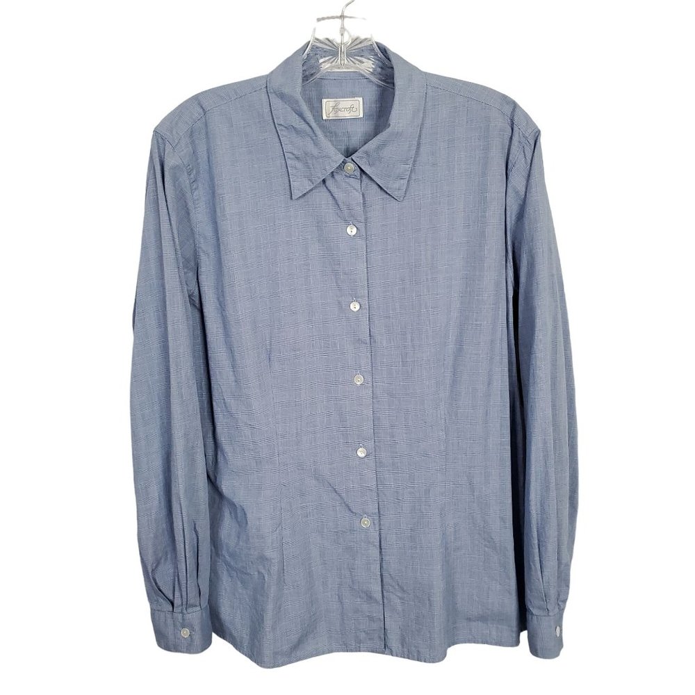 Foxcroft Size 12 Shirt Blouse 100% Cotton Fitted Long Sleeve Micro Plaid Blue - Picture 2 of 7
